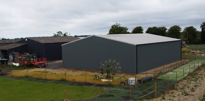 Grain store in West Sussex built with a fully galvanised steel-frame and clad to fit farm surroundings
