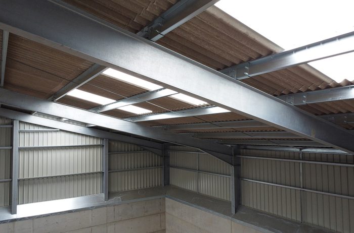 Close up of the roof space in the grain store showing skylights and spill boards