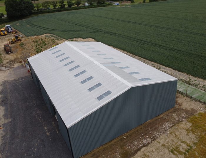 The new grain store roof with skylights as shown from a drone
