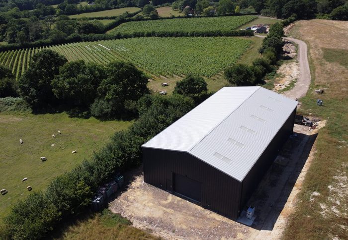 A drone view of new winery building in Sussex.
