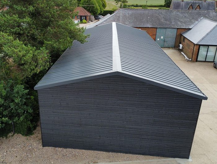 New industrial units clad in black showing roof and side view