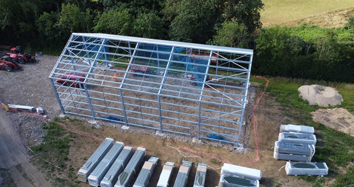 The side view of the steel frame building under construction for winery