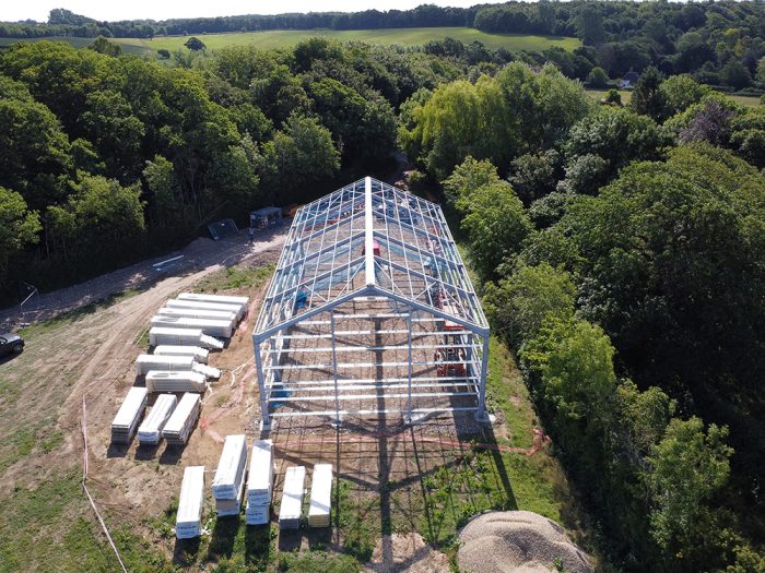 View of steel frame for new winery production building