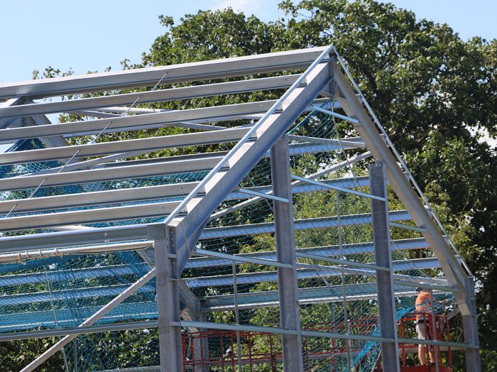 A close up of the steel frame building